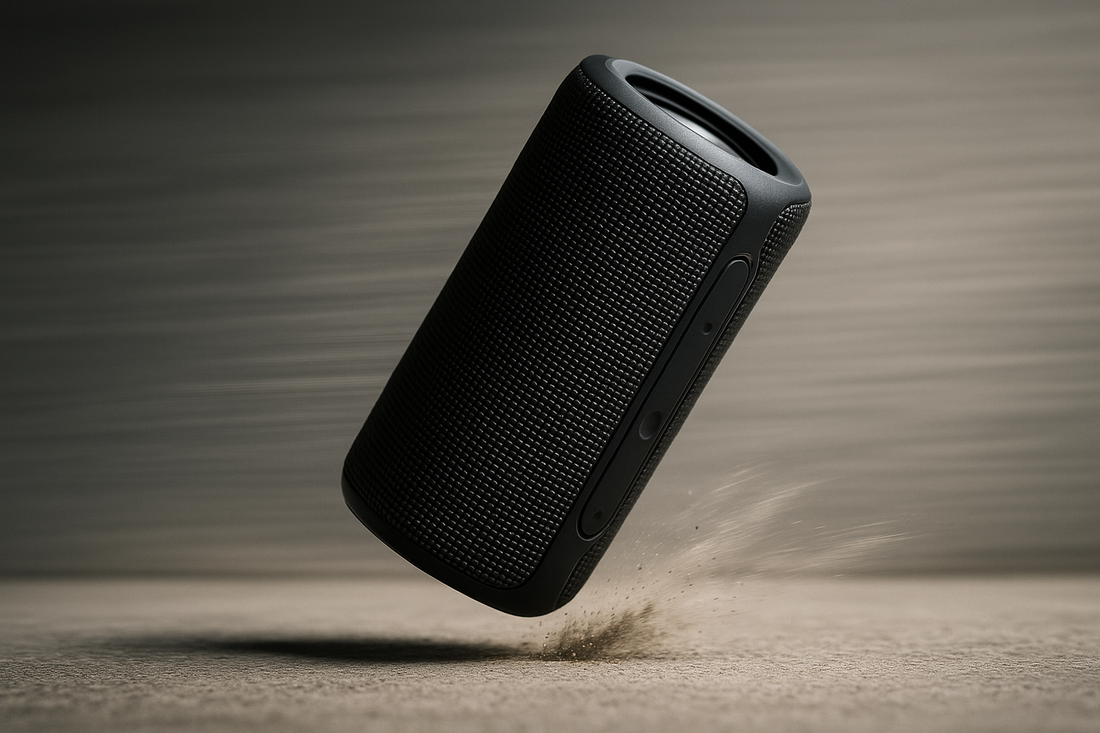 Högtalare på stativ i mörk lokal, publikkänsla och ljudutrustning i förgrunden