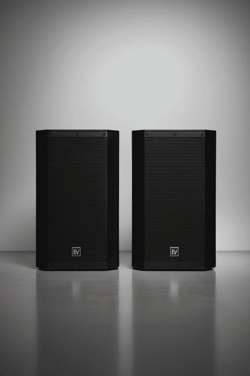 Två högtalare framifrån – Konferens 50 personer PA-system Stockholm